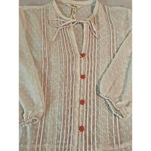 Matilda Jane white w/ light red details sheer blouse top spotted tie neck XSM